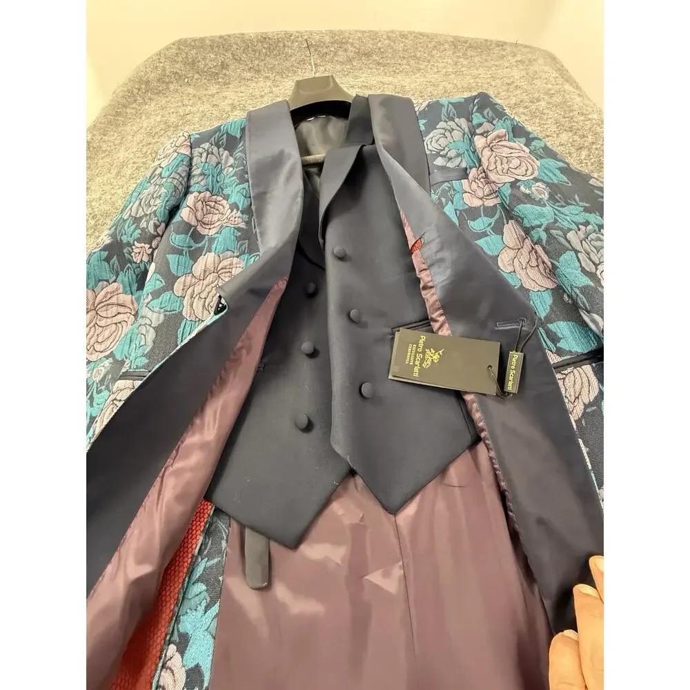 Pietro Scarlatti Mens Suit 3pc US 44 EU 54 Floral Blazer Vest Pants Blue T2